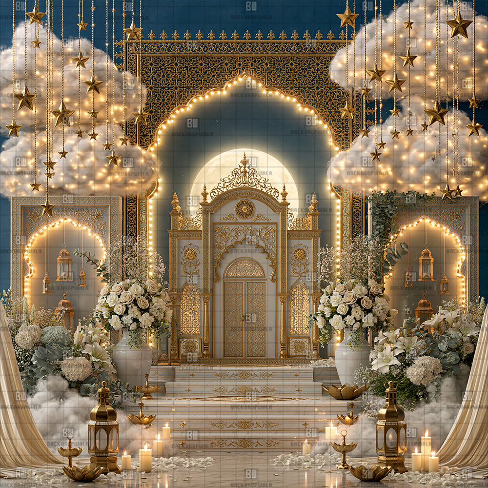 Celestial Moonlit Palace Gateway Ganesh Decoration Printed Backdrop