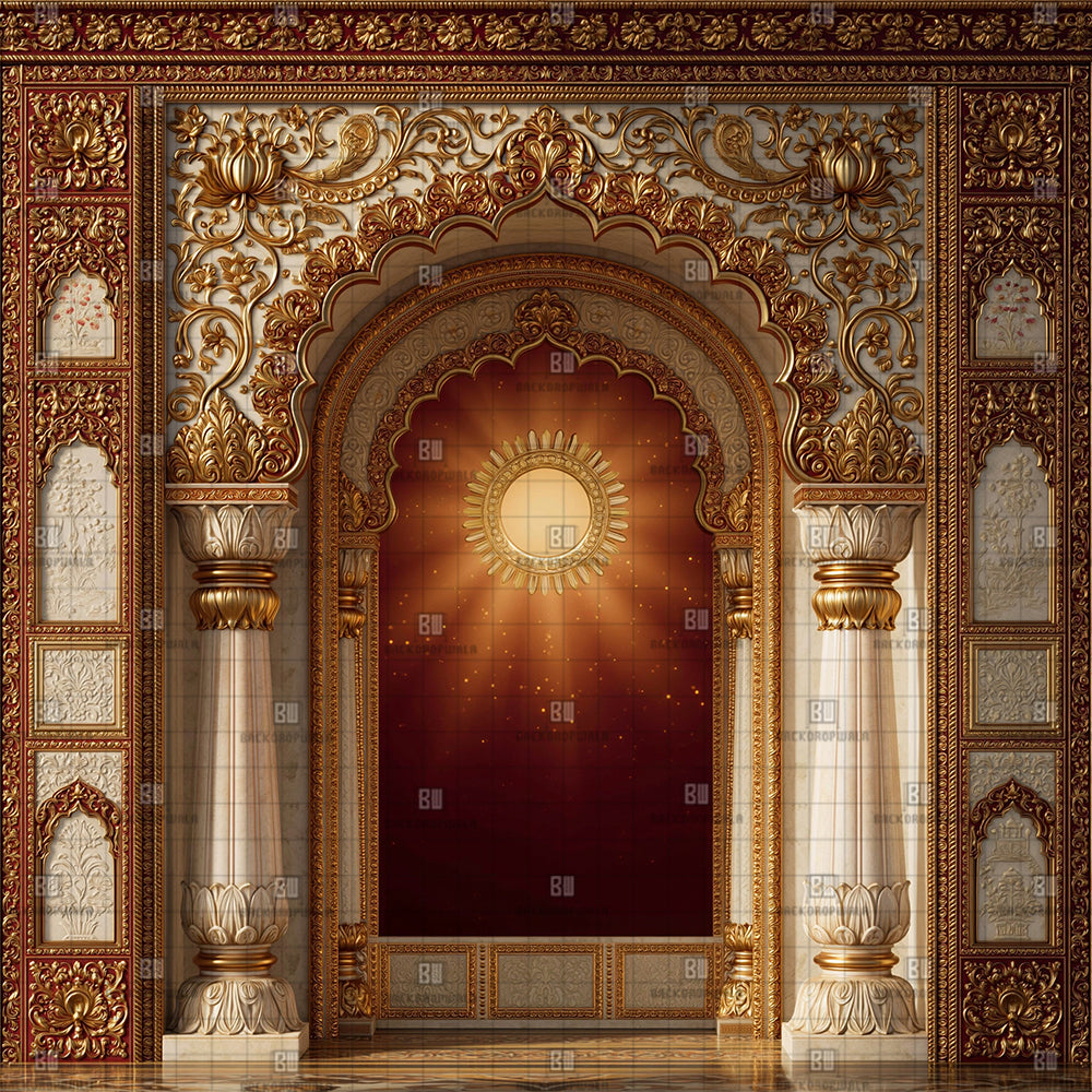 Royal Golden Sunburst Gateway Ganesh Decoration Printed Backdrop