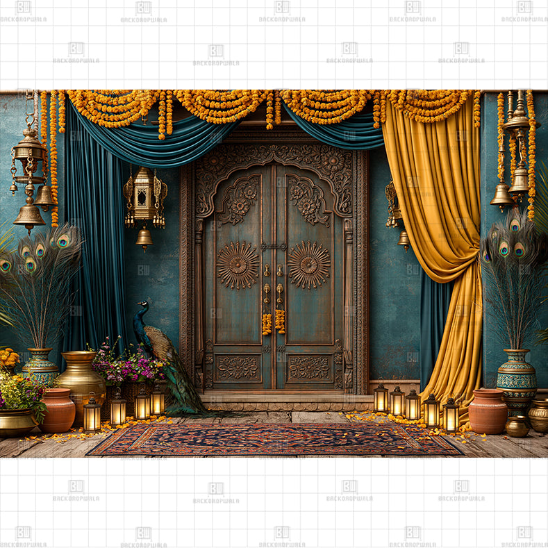 Teal Wood Carved Door with Gold Drapes Printed Baby Backdrop