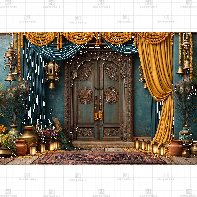 Teal Wood Carved Door with Gold Drapes Printed Baby Backdrop
