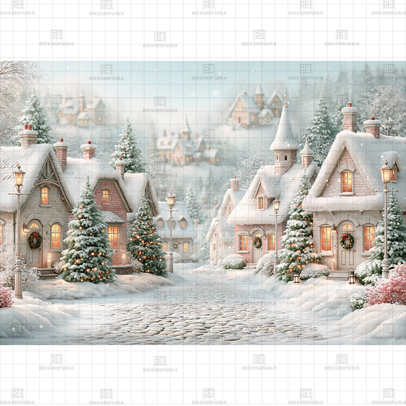 Whimsical Frosted Alpine Street Christmas Printed Baby Backdrop