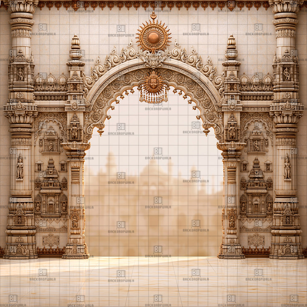 Royal Carved Stone Mandap Ganesh Decoration Printed Backdrop