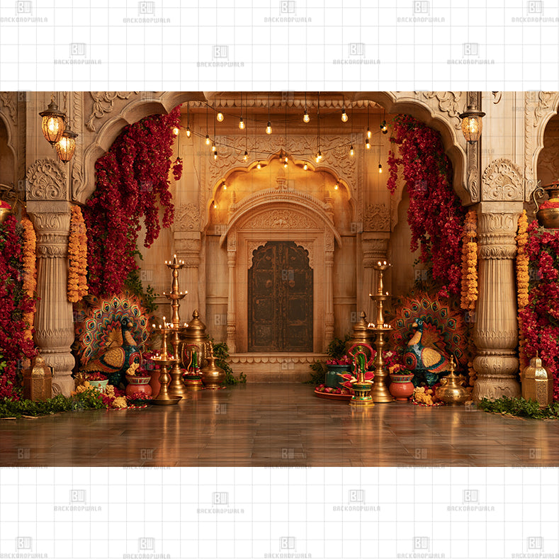 Traditional Brass Diya Printed Baby Backdrop