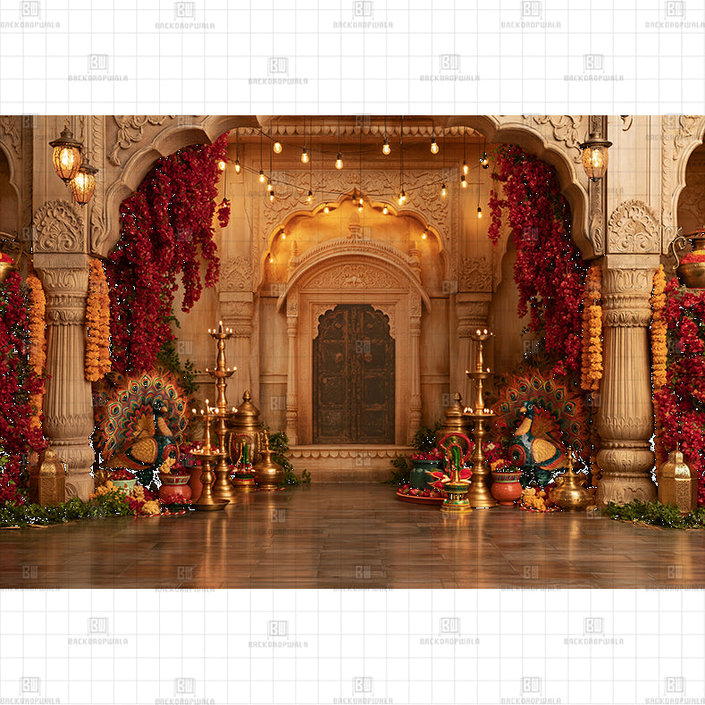 Traditional Brass Diya Printed Baby Backdrop