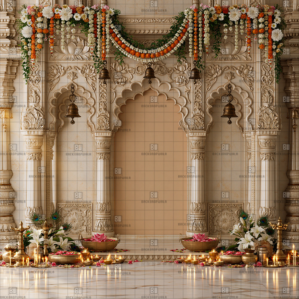 Elegance in Ivory & Marigold Ganesh Decoration Printed Backdrop