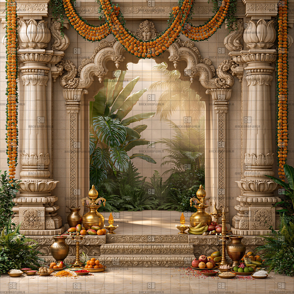 Carved Stone Oasis Arch Ganesh Decoration Printed Backdrop