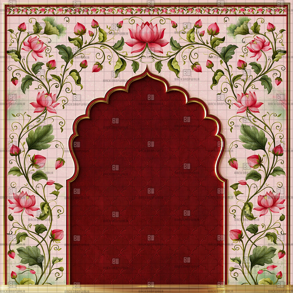 Royal Pichwai Pink Lotus Ganesh Decoration Printed Backdrop