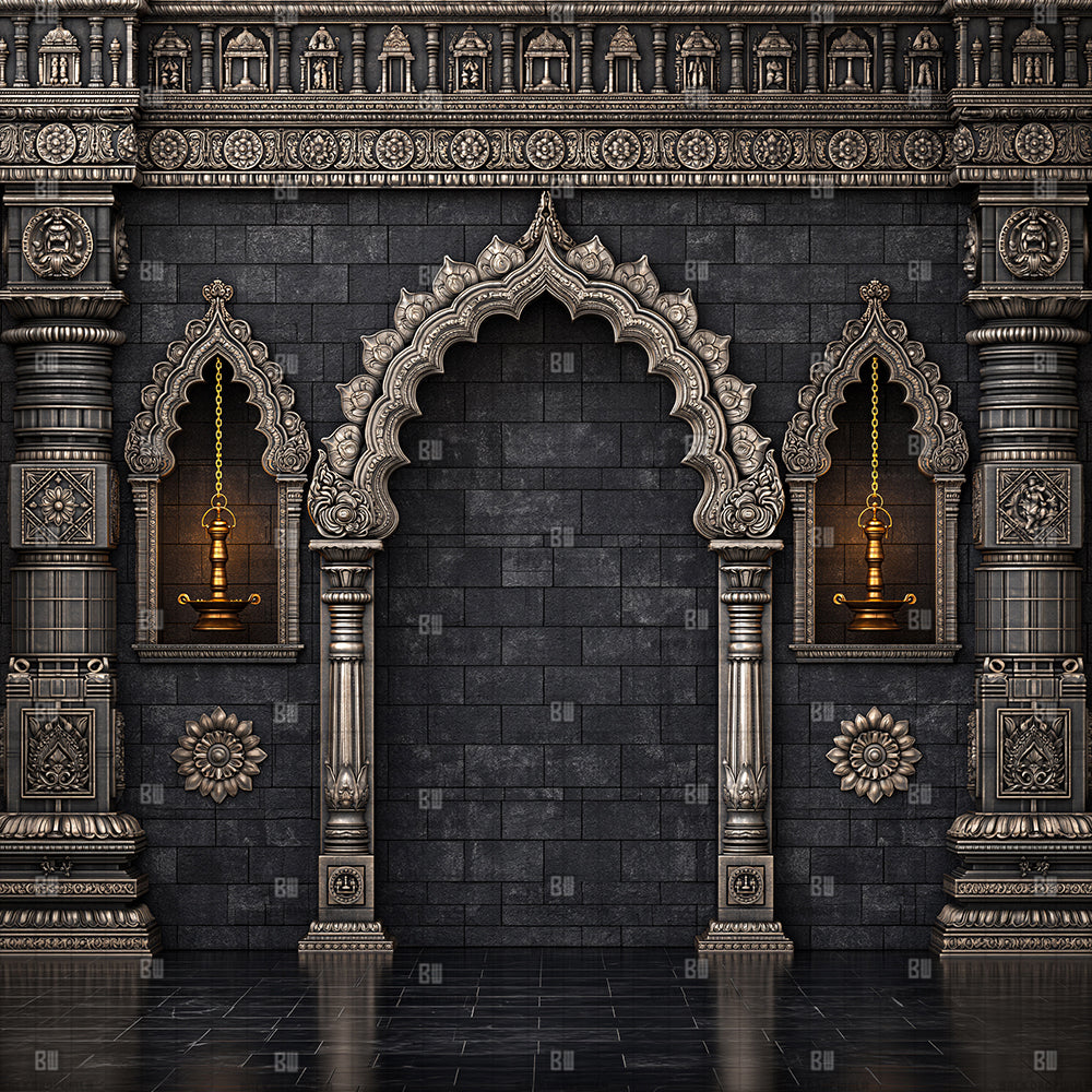 Royal Black Granite Temple Ganesh Decoration Printed Backdrop