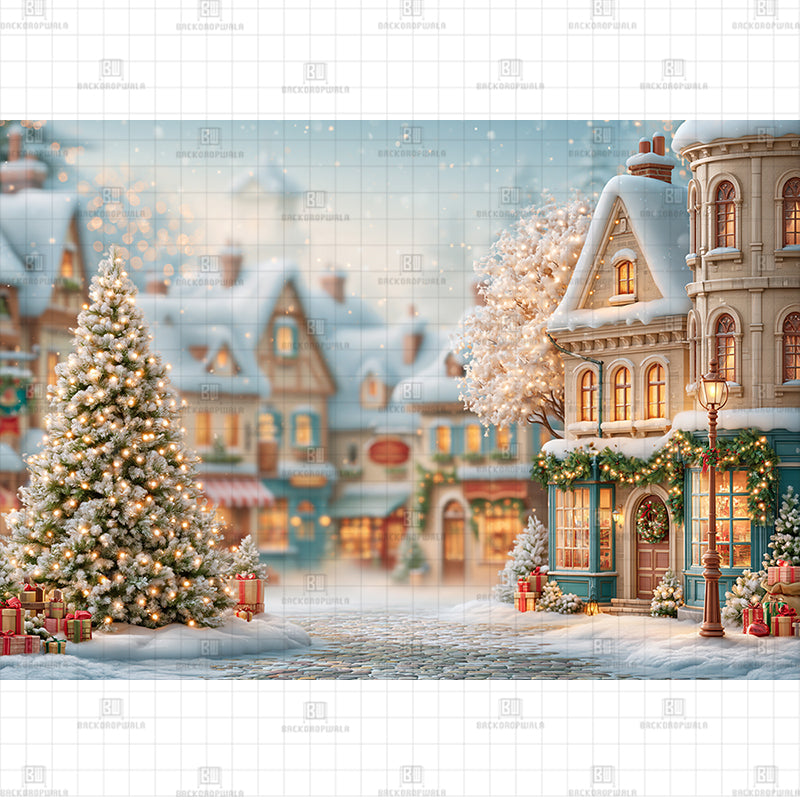 Storybook Frosted Village Christmas Printed Baby Backdrop