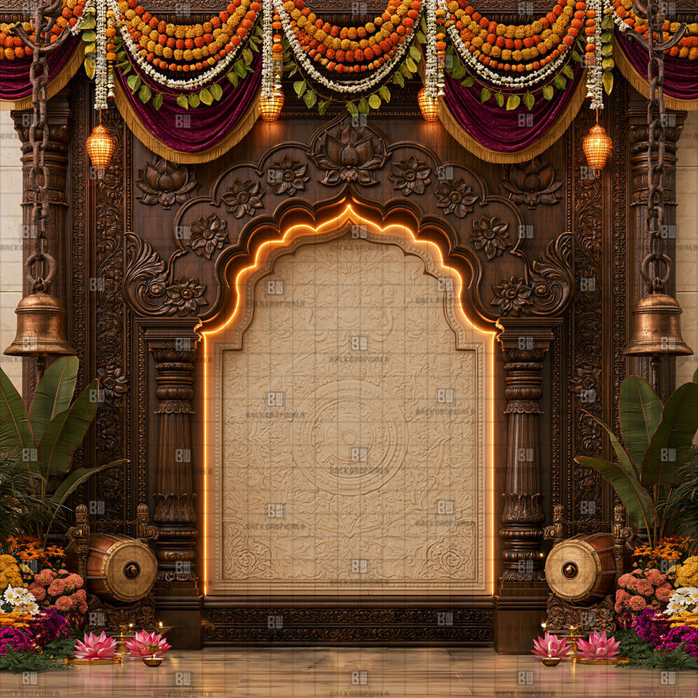 Traditional South Indian Temple Ganesh Decoration Printed Backdrop