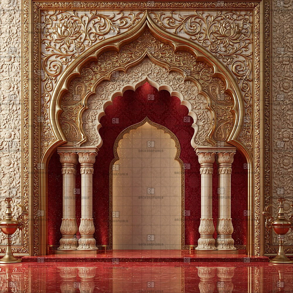 Gold Carved Jharokha Ganesh Decoration Printed Backdrop