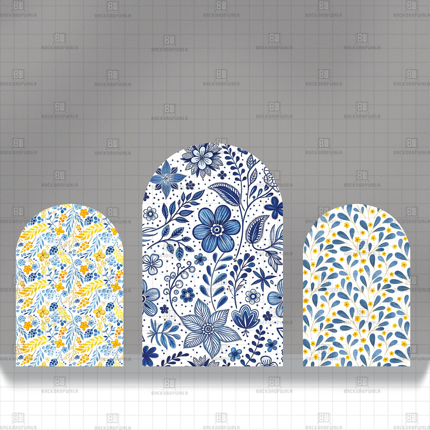 Botanical Triptych in Blue Theme Printed Event Backdrop