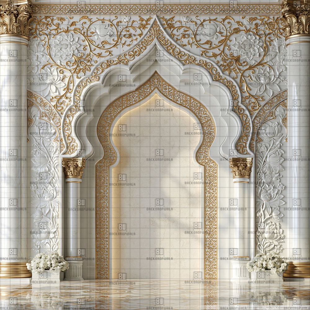 Royal Ivory Pillars Ganesh Decoration Printed Backdrop