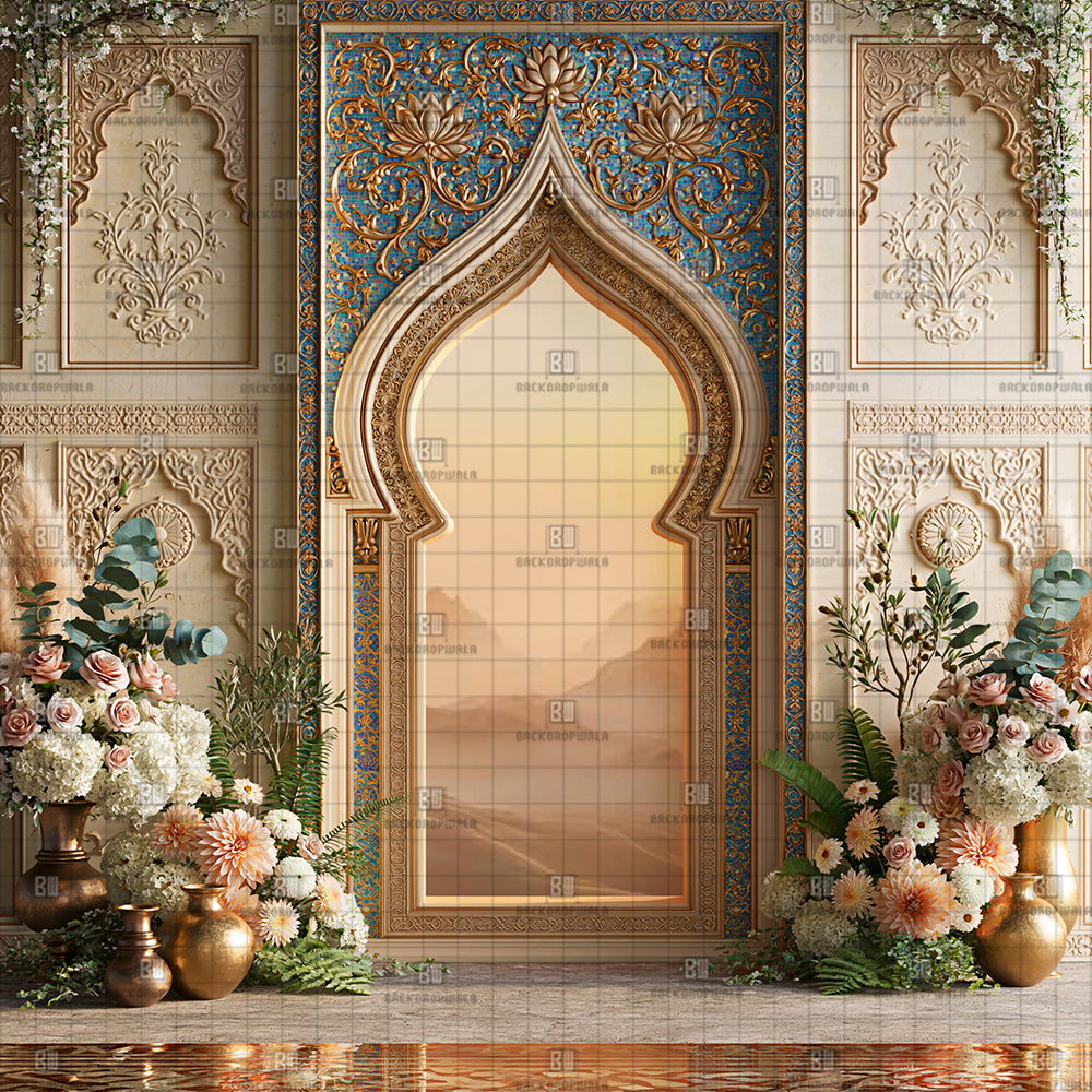 Blossoming Turquoise Tile Moroccan Arch Ganesh Decoration Printed Backdrop