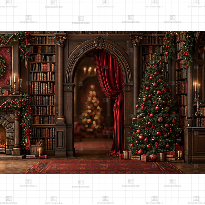 Cozy Antique Library Christmas Printed Baby Backdrop