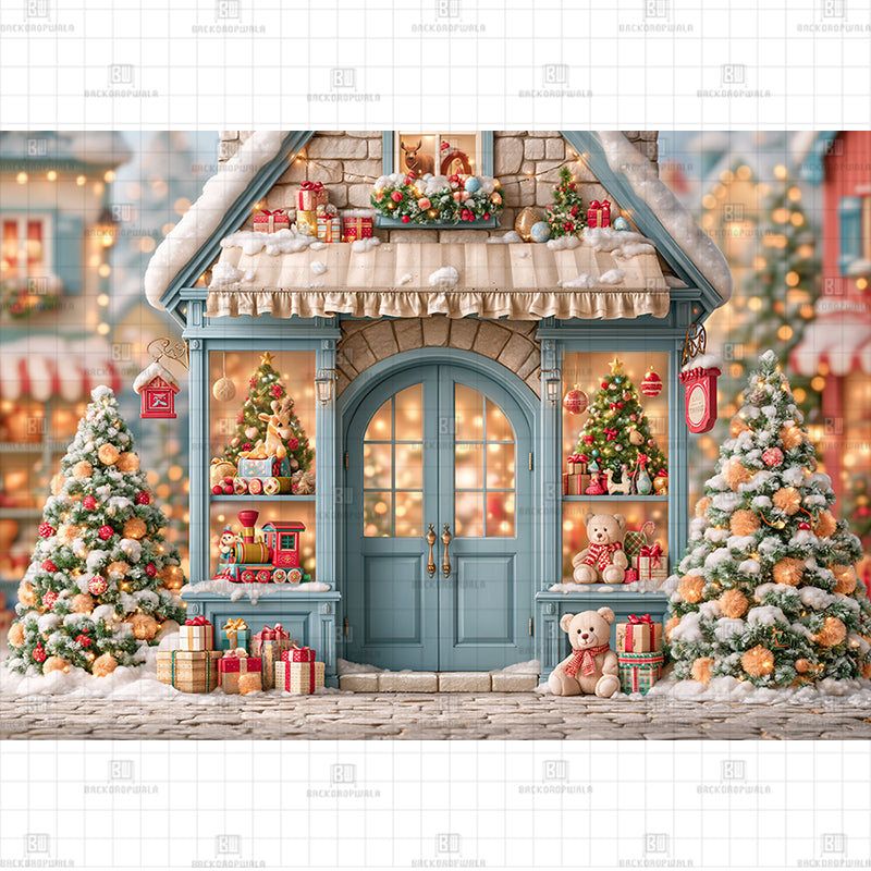 Vintage Pastel Blue Doorway Christmas Printed Baby Backdrop