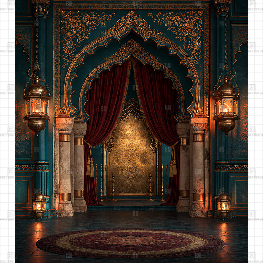 The Imperial Teal Darbar of Flickering Lanterns Printed Diwali Backdrop