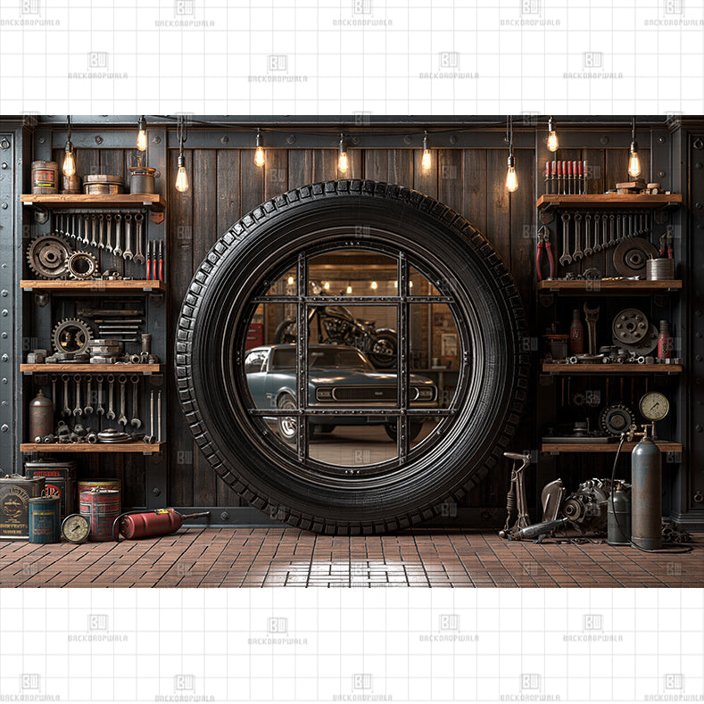 Classic Car Garage Printed Baby Backdrop