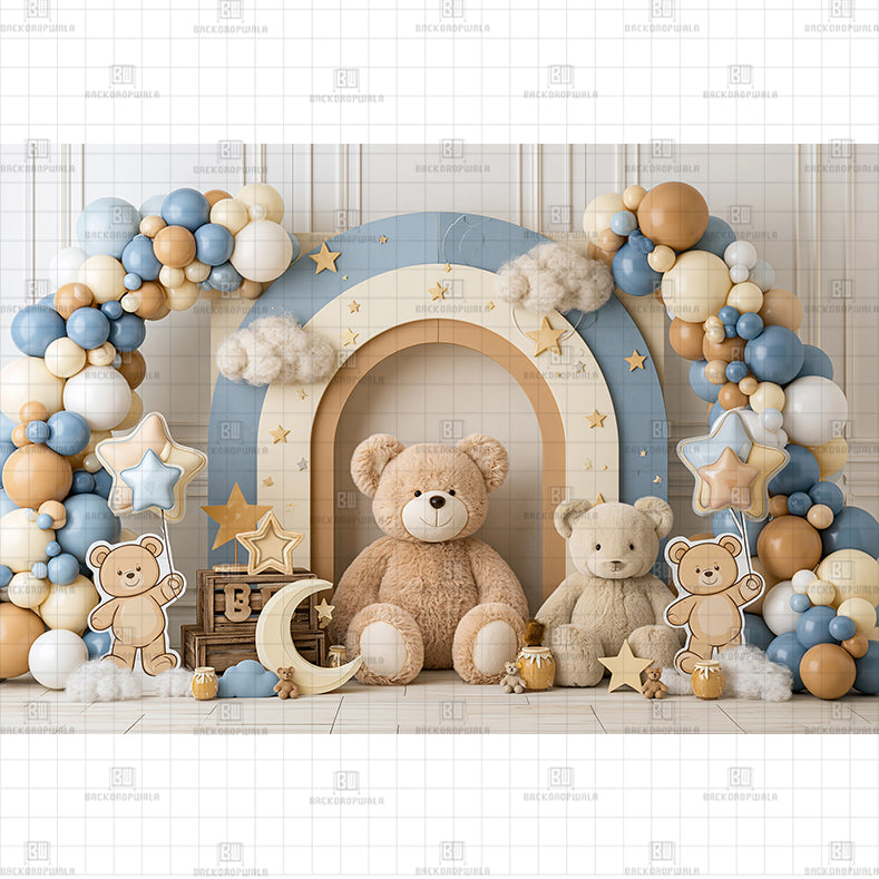 Cute Teddy Bear 1st Birthday Printed Baby Backdrop