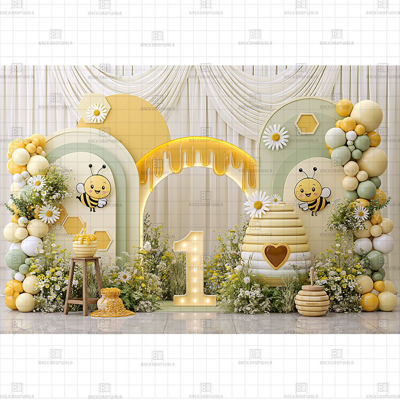 Sweet One Honey Bee Birthday Printed Baby Backdrop