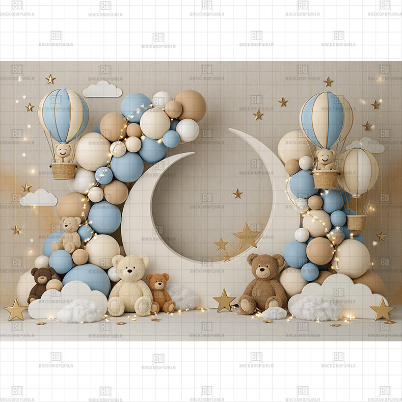 Teddy Bear Crescent Moon & Stars Printed Baby Backdrop