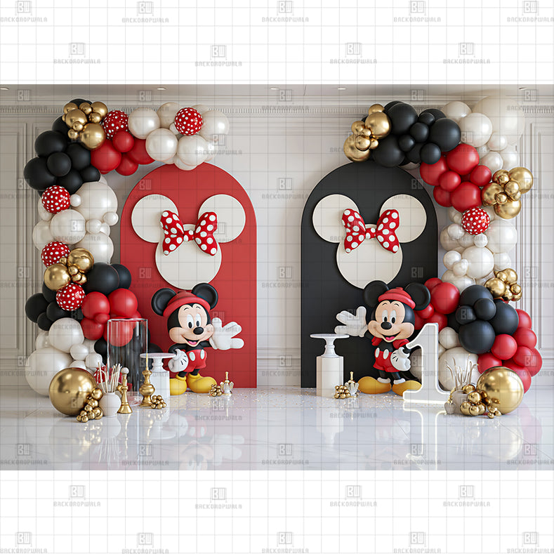 Oh Boy! Cartoon Mouse 1st Birthday Printed Baby Backdrop