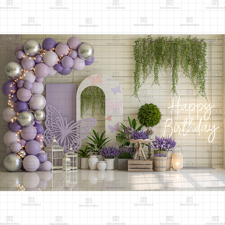 Lavender Butterfly Garden Birthday Printed Baby Backdrop