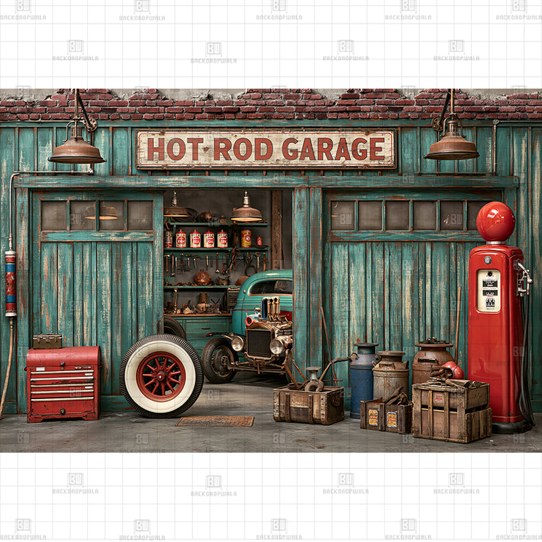 Cluttered Auto Shop Printed Baby Backdrop