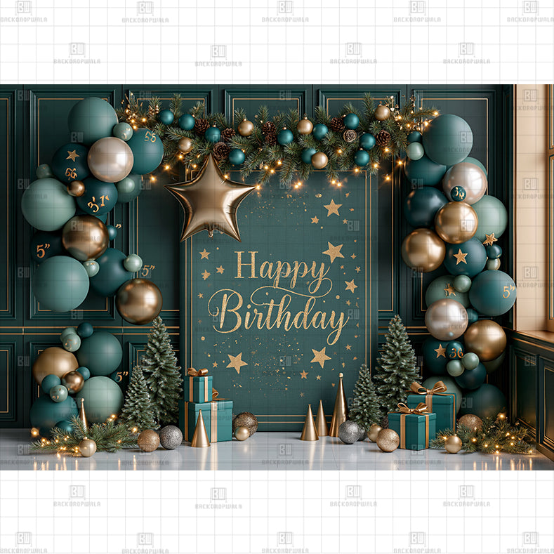 Green and Gold Holiday Birthday Printed Baby Backdrop