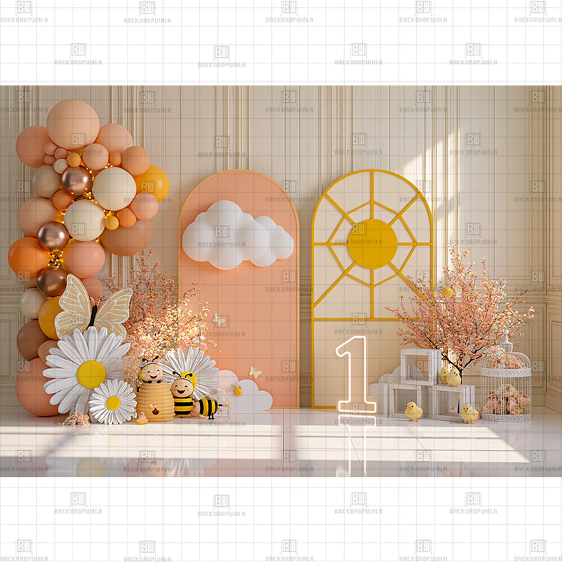 Sweet Bee & Sunshine Spring Birthday Printed Baby Backdrop