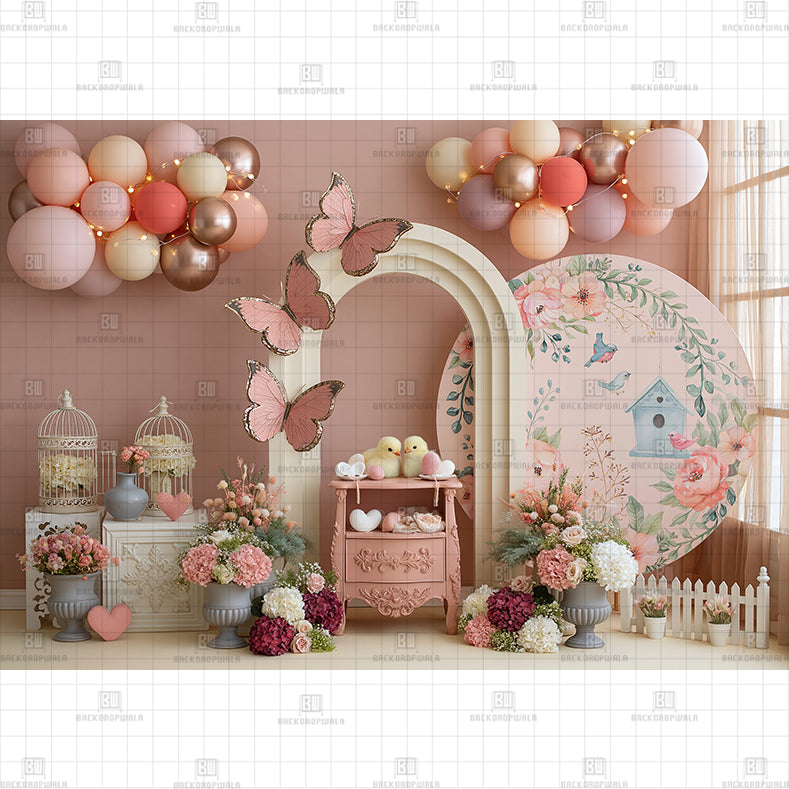 Pink Butterfly Arch Birthday Printed Baby Backdrop