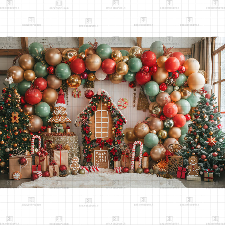 Gingerbread Balloon Arch Printed Baby Backdrop