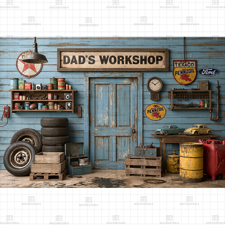 Vintage Car Garage Printed Baby Backdrop
