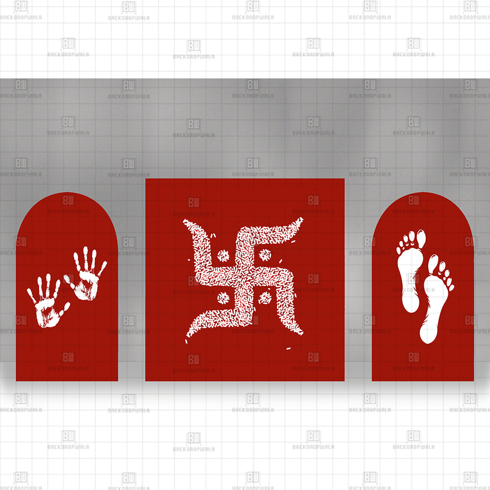 Red Color Swastik, Laxmi Ji Charan Paduka and Hand Printed Event Backdrop
