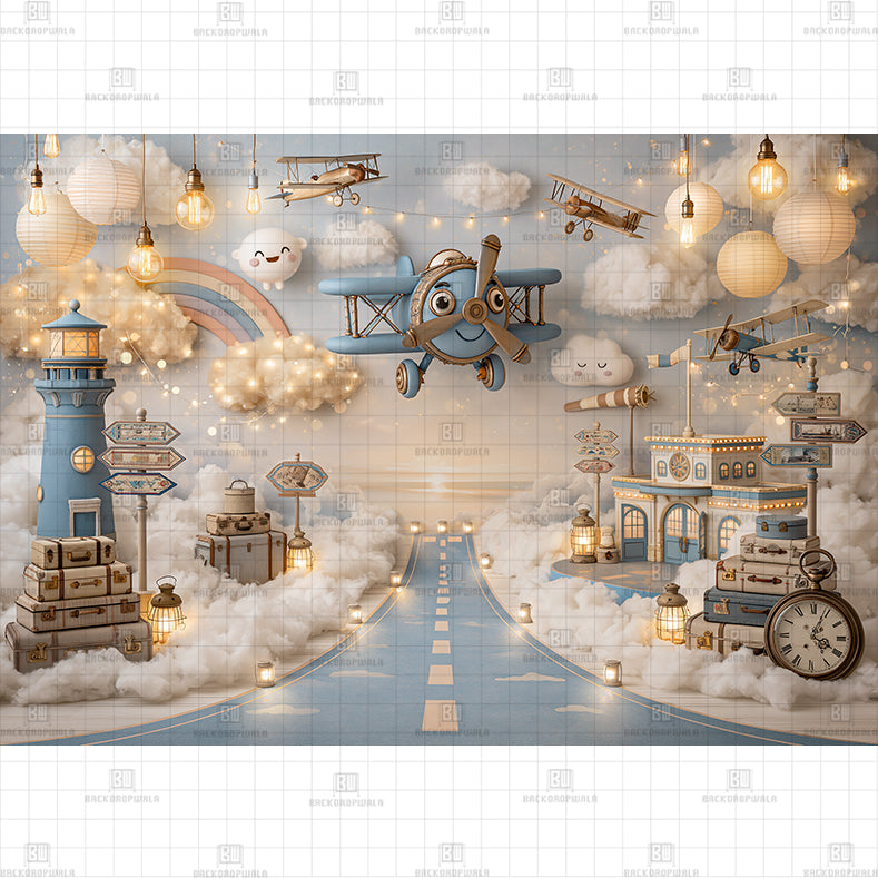 Vintage Airplane Runway in the Clouds Printed Baby Backdrop
