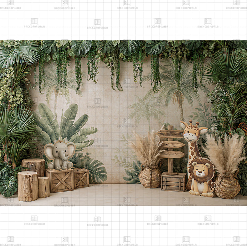 Green Jungle Elephants Printed Baby Backdrop