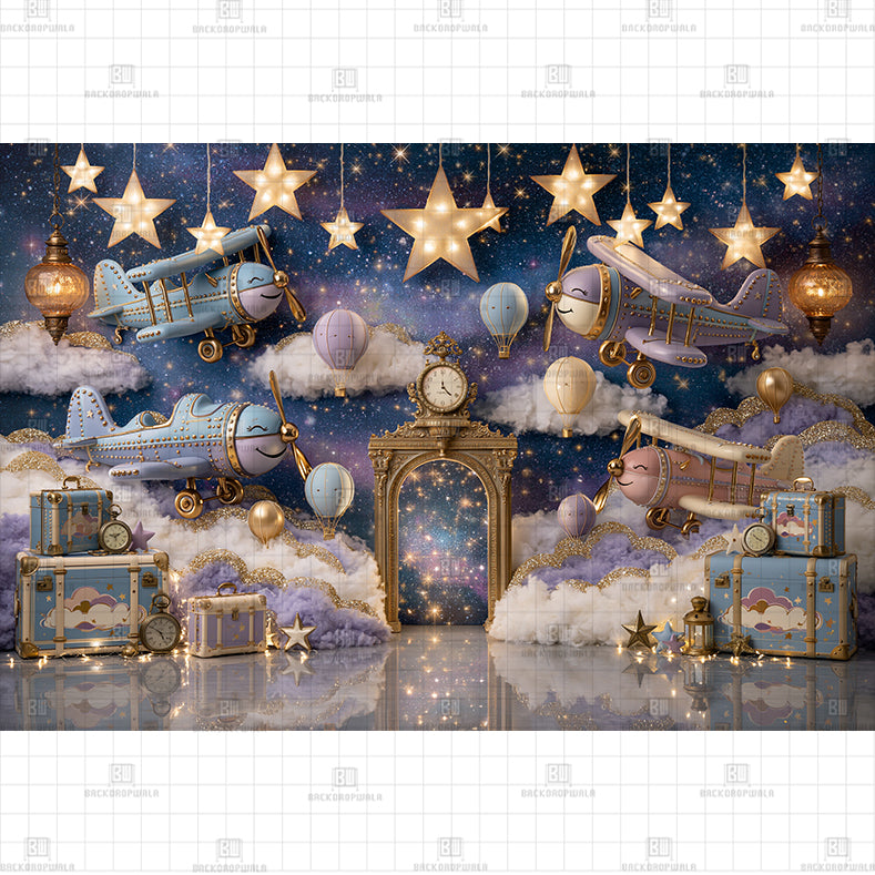 Vintage Planes and Hot Air Balloons Night Sky Printed Baby Backdrop