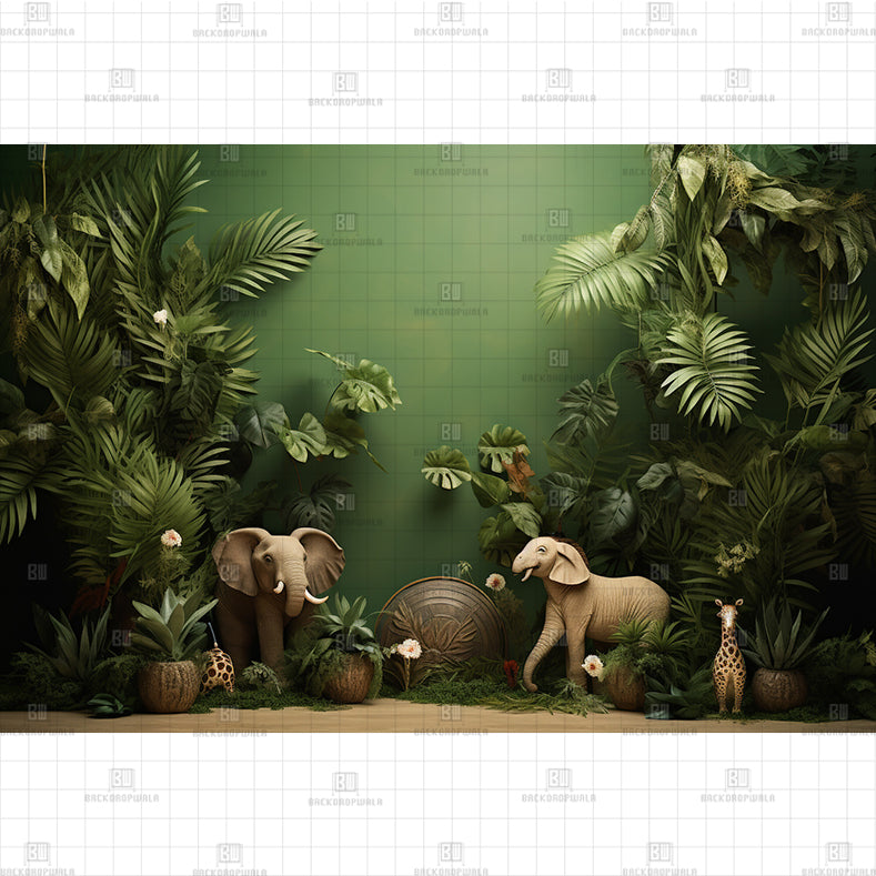 Green Jungle Elephants Printed Baby Backdrop