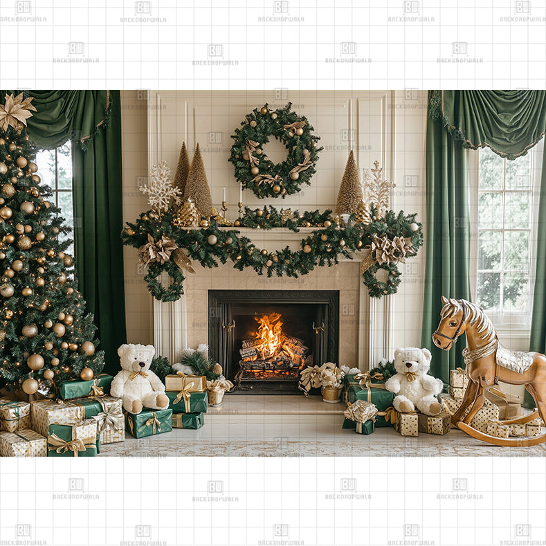Green Christmas Fireplace Printed Baby Backdrop
