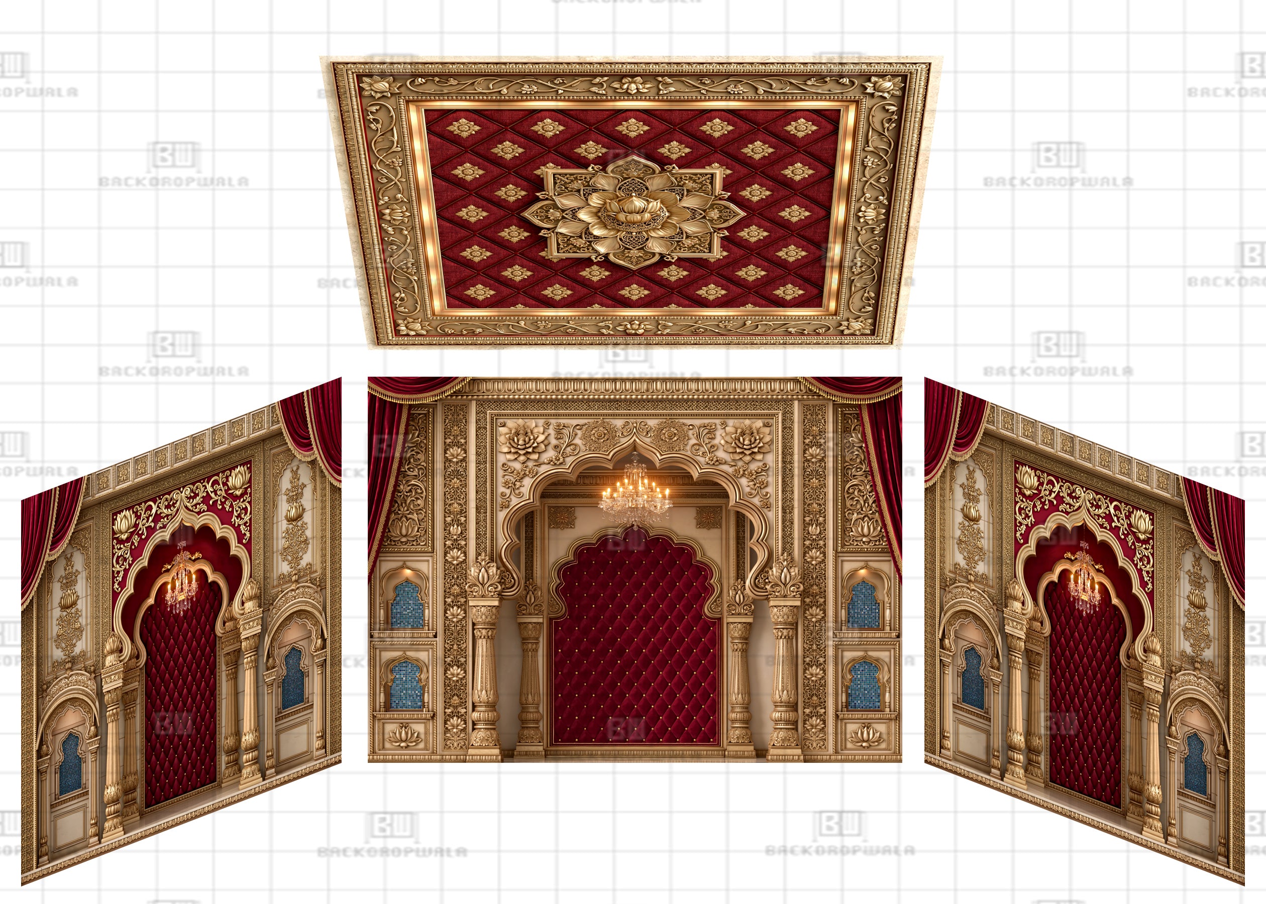 The Crimson Tufted Velvet Palace Theme Ganesh Pandal Backdrop