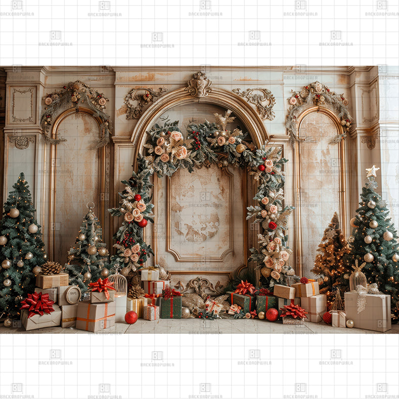 Ornate Christmas Alcove Printed Baby Backdrop