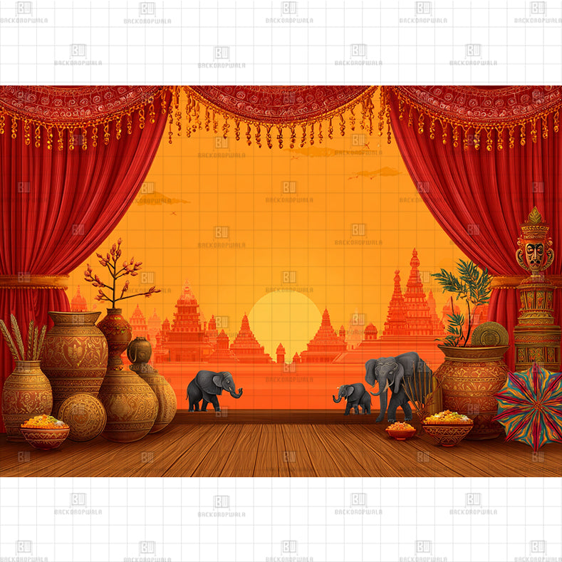 Thai Teak and Temples Printed Backdrop