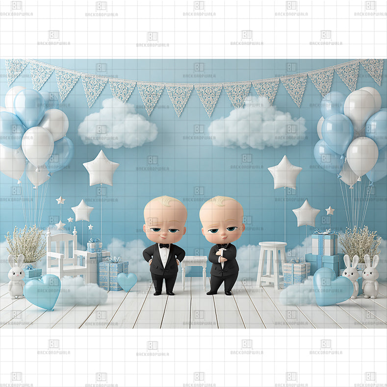 Sky Blue Suited Twins Celebration Printed Baby Backdrop