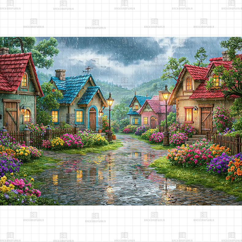 Rainy Day Fairytale Village Printed Baby Backdrop