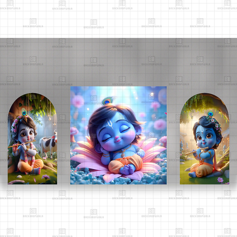 Cute Baby Krishna Theme Printed Event Backdrop