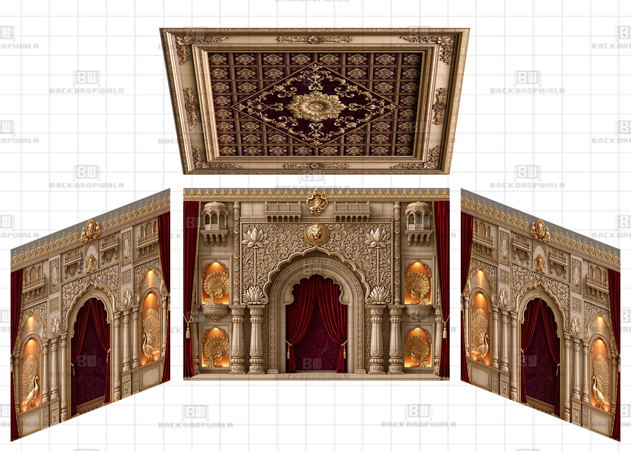 Royal Red Velvet & Gold Lotus Stage Theme Ganesh Pandal Backdrop