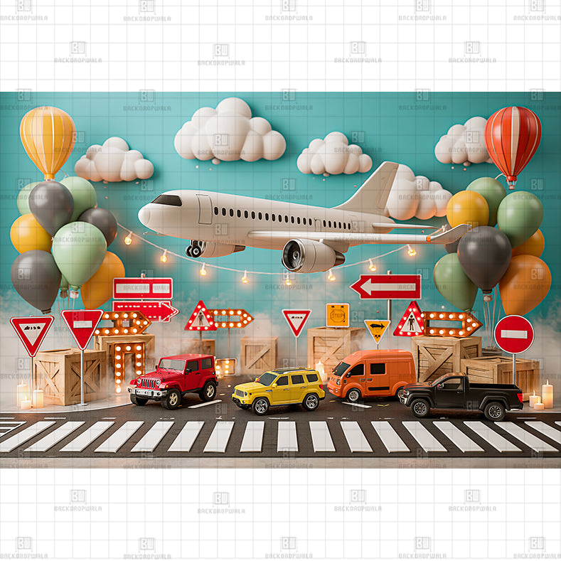 Modern Airplane and City Traffic Printed Baby Backdrop