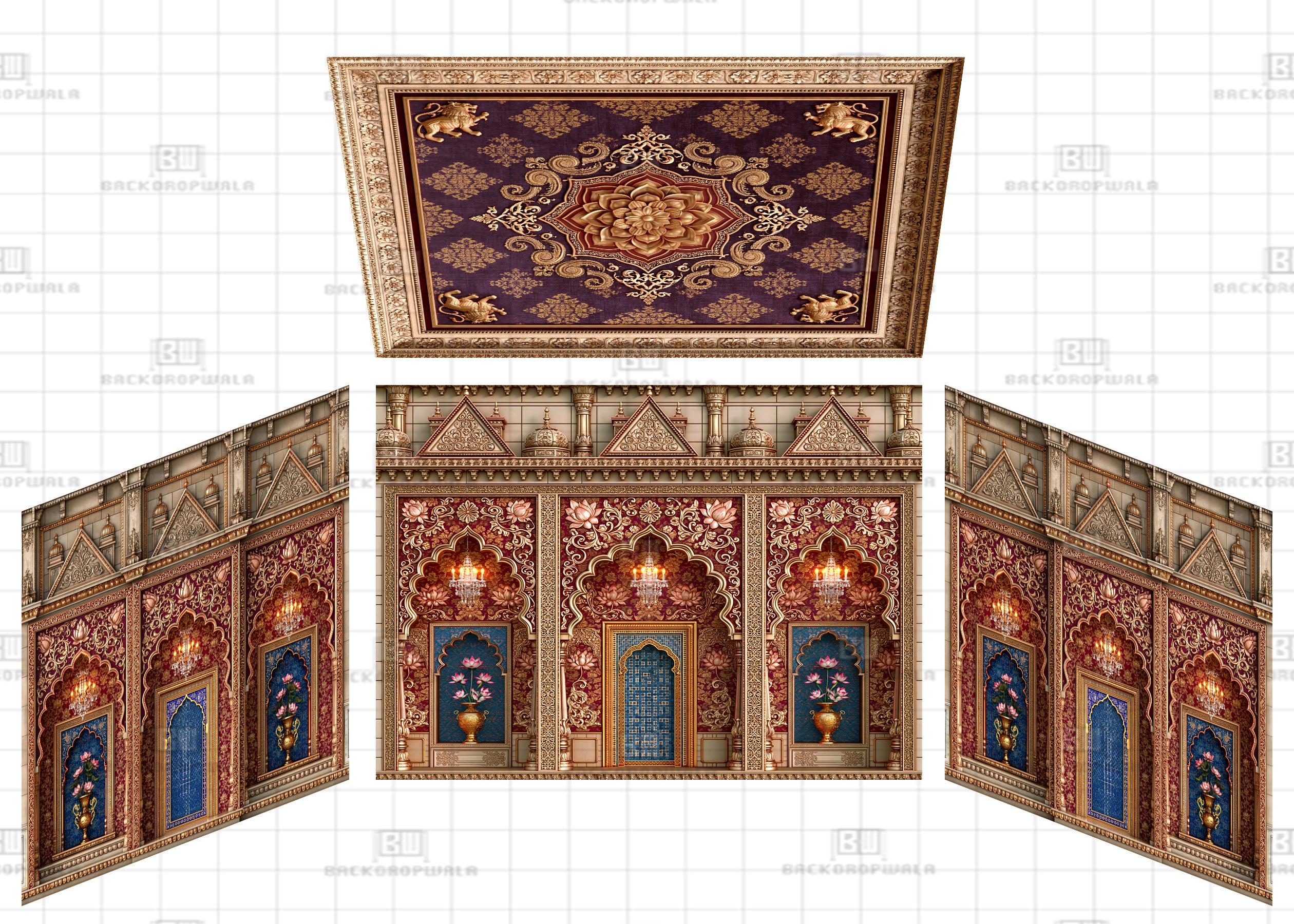 The Royal Crimson & Blue Lotus Palace Theme Ganesh Pandal Backdrop