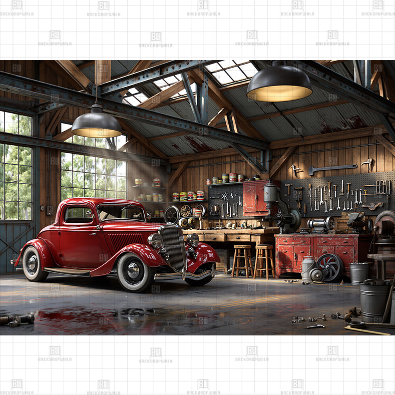 Red Car Open Garage Printed Baby Backdrop