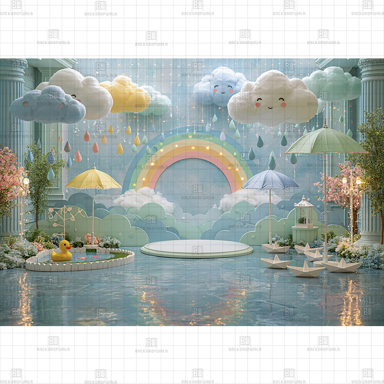 Rainbow and Smiling Rain Clouds Printed Baby Backdrop